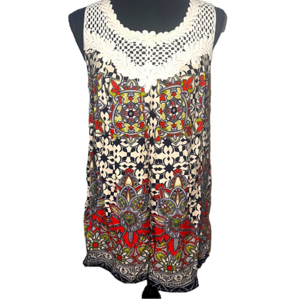 Fun 2 Fun Multi-Color L Tank Top Shirt Lace Top Boho Sleeveless Colorful - Picture 1 of 5